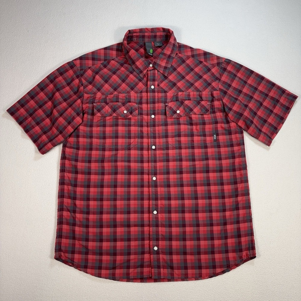 Stio Shirt Men's M Red Check Plaid Pearl Snap Pockets Western Outdoor 2095‎